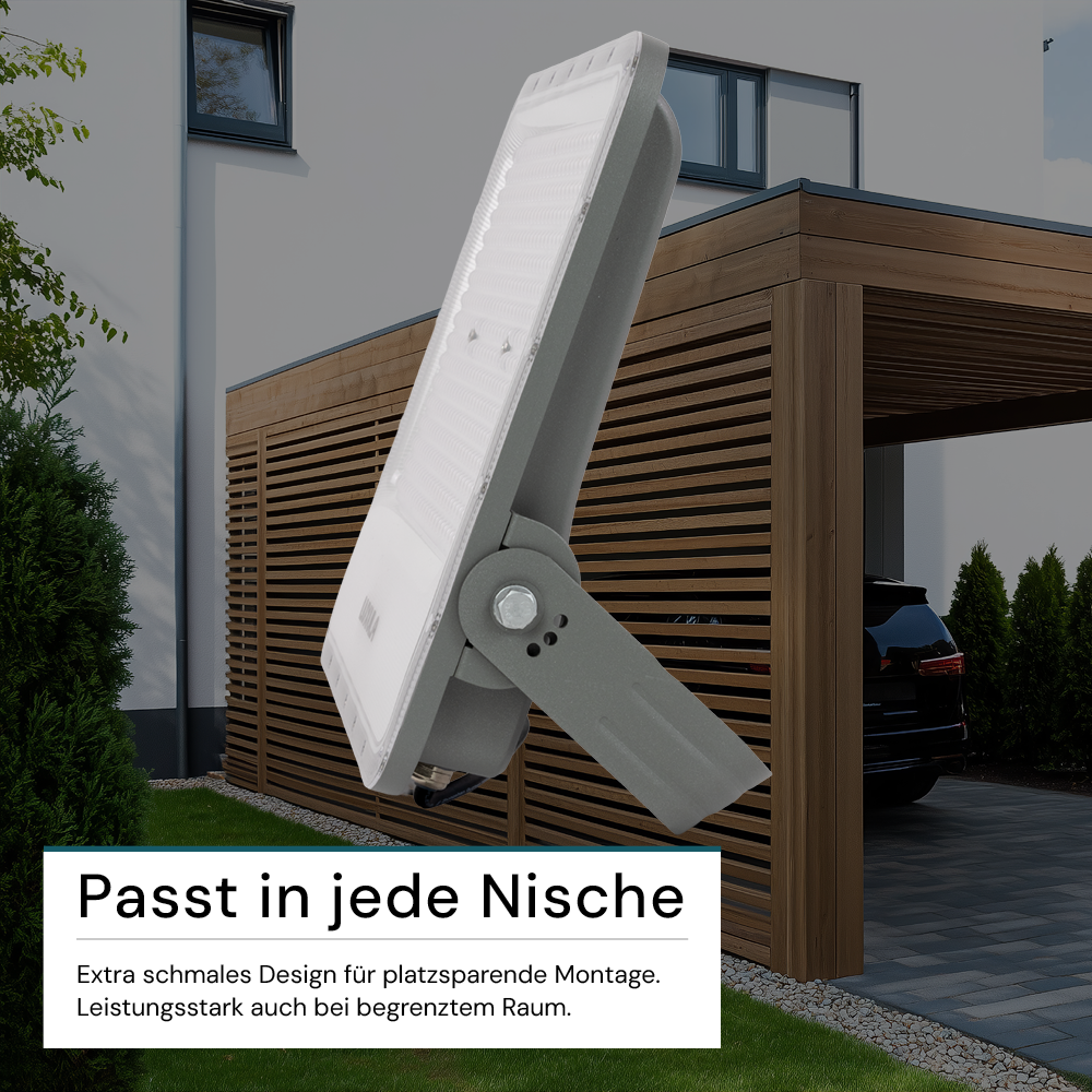 LED-Fluter, 300 W, 4000 K (neutralweiß), 37500 lm, grau, IP65.