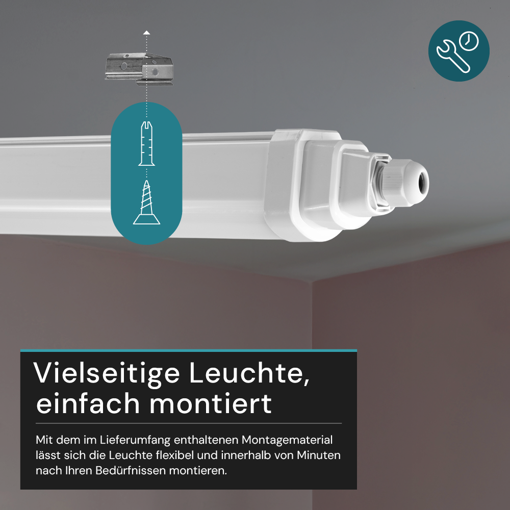 LED Feuchtraumleuchte, 60 cm, 18 W, 2160 lm, 4000 K (neutralweiß), IP65, IK06, durchschleifbar, mit Quick Connector.