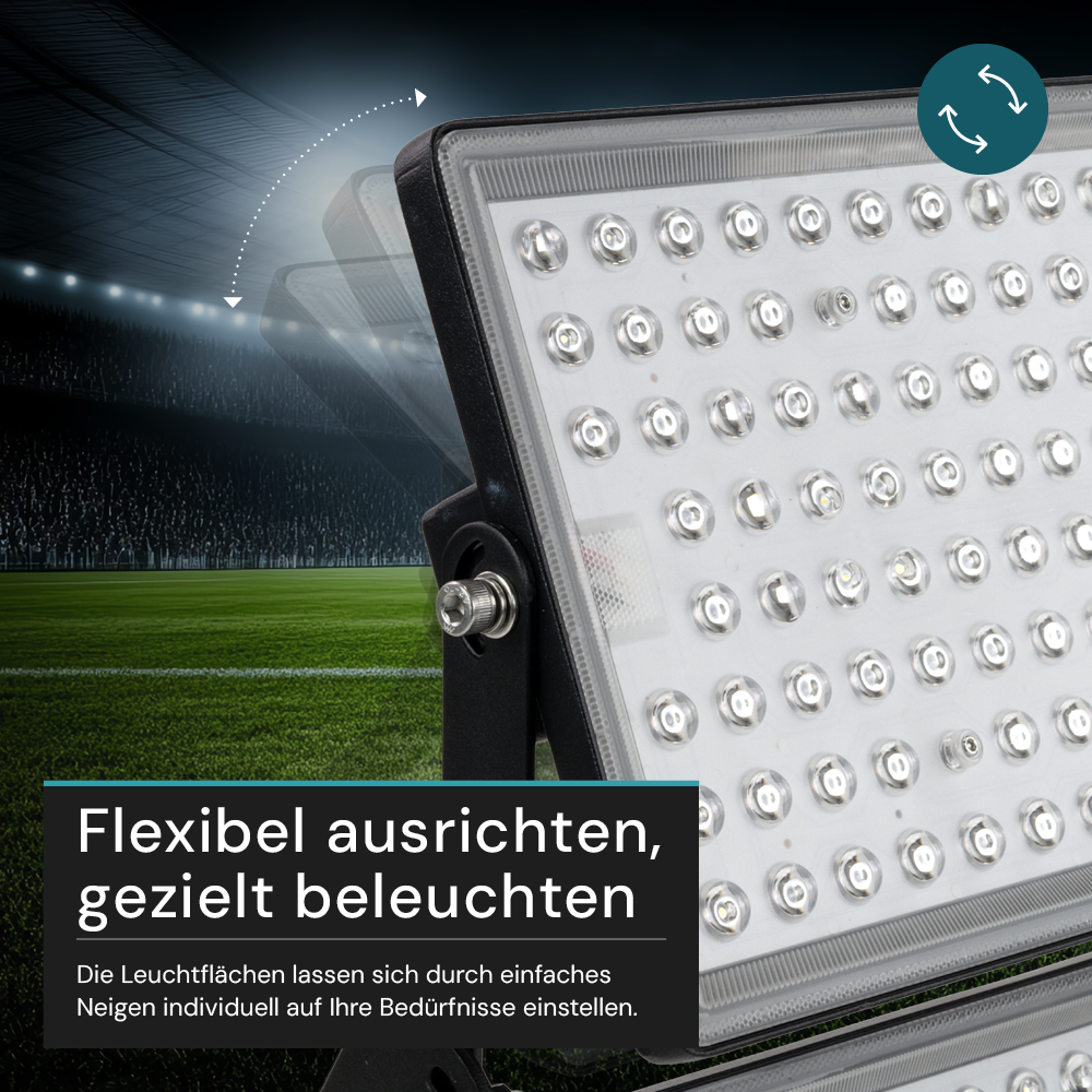 Stadion Fluter, 500 W, 5000 K (neutralweiß), 70000 lm, IP65, MOSO Treiber, hohe Energieeffizienz, Großflächenstrahler