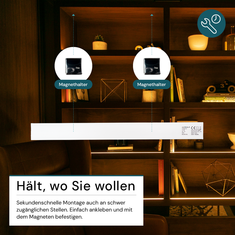 LED Schrankbeleuchtung mit Bewegungsmelder, Silberton, 40 cm, dimmbar, einstellbare Lichtfarbe, USB-aufladbar, einfache Befestigung, Unterbauleuchte