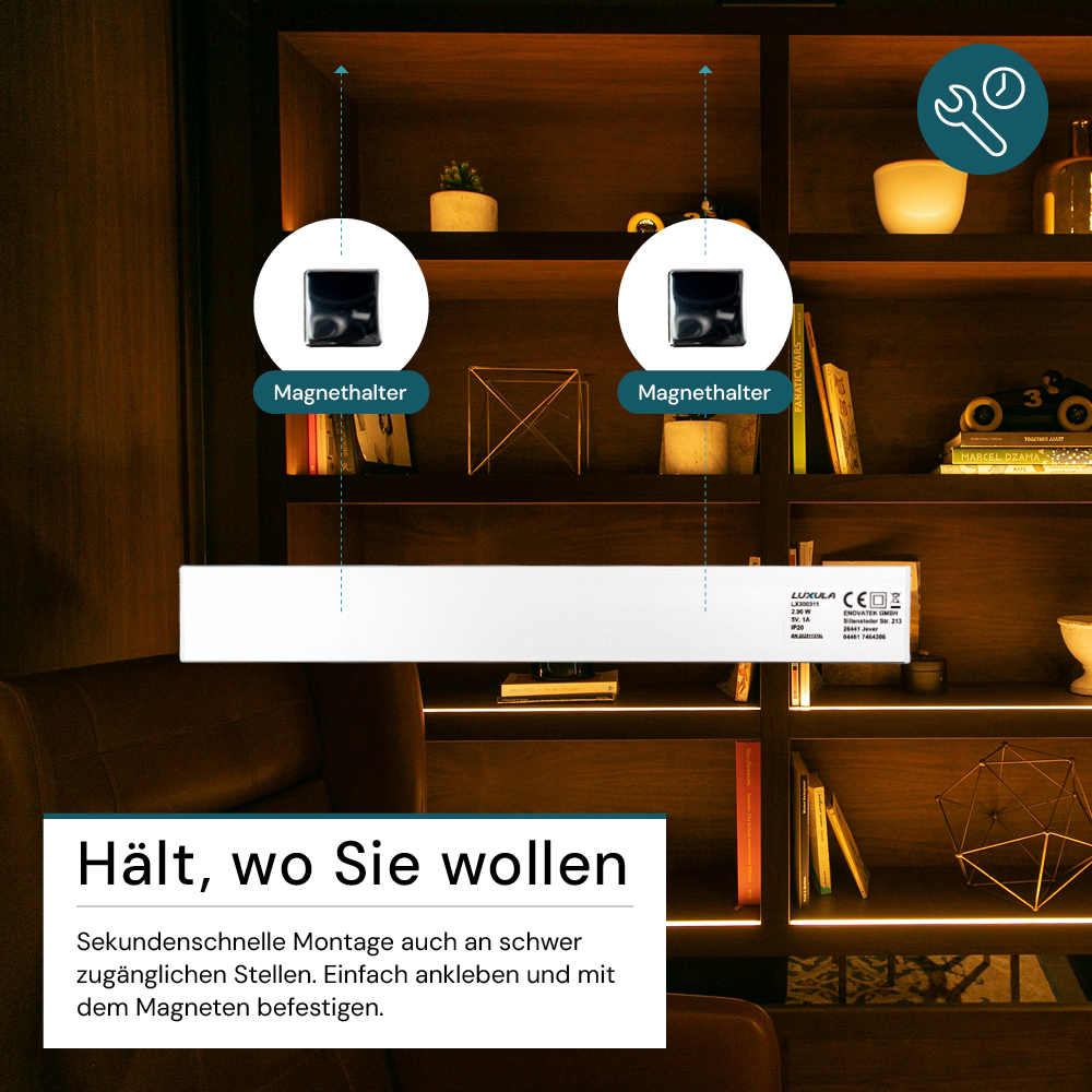 LED Schrankbeleuchtung mit Bewegungsmelder, Silberton, 30 cm, dimmbar, einstellbare Lichtfarbe, USB-aufladbar, einfache Befestigung, Unterbauleuchte