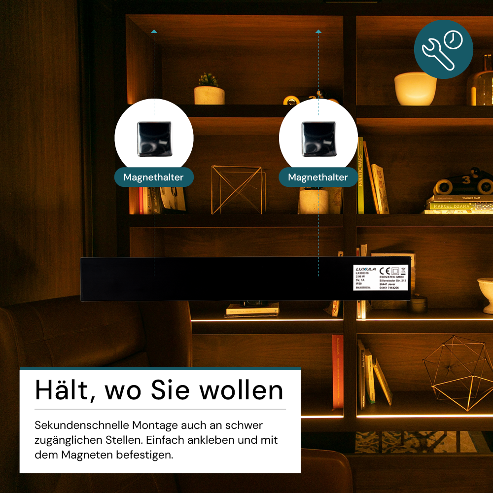 LED Schrankbeleuchtung mit Bewegungsmelder, schwarz, 30 cm, dimmbar, einstellbare Lichtfarbe, USB-aufladbar, einfache Befestigung, Unterbauleuchte