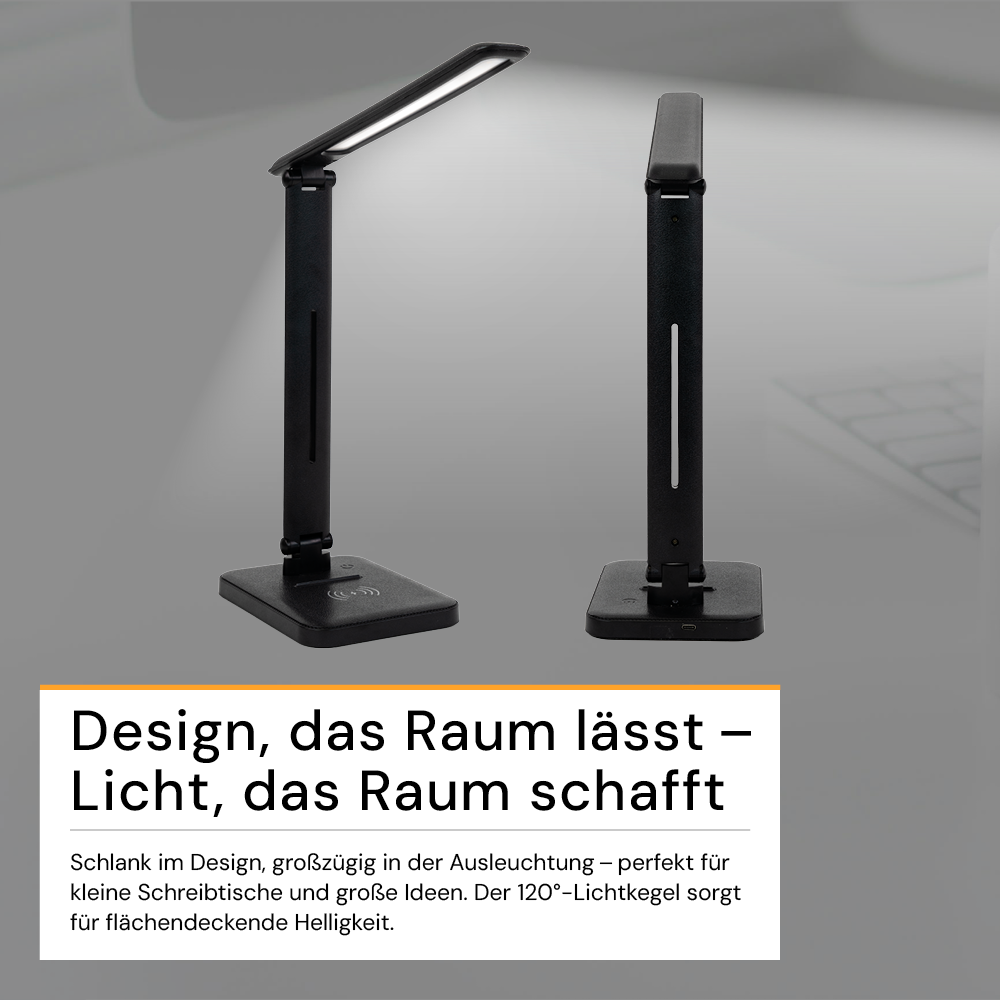 LED-Tischleuchte mit induktiver Ladestation, schwarz, inklusive Dimm- und CCT-Funktion, 5 W Leistung, 160x320 mm.