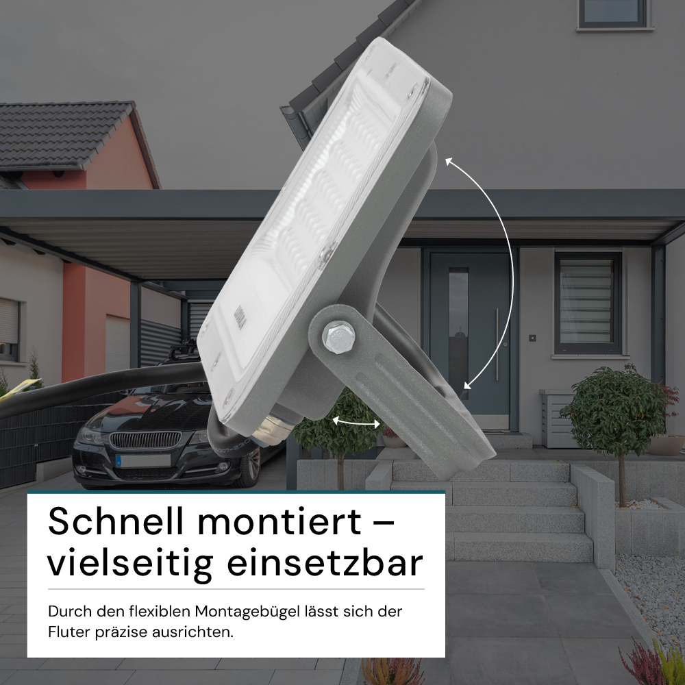 LED-Fluter, 30 W, 4000 K (neutralweiß), 3900 lm, grau, IP65.