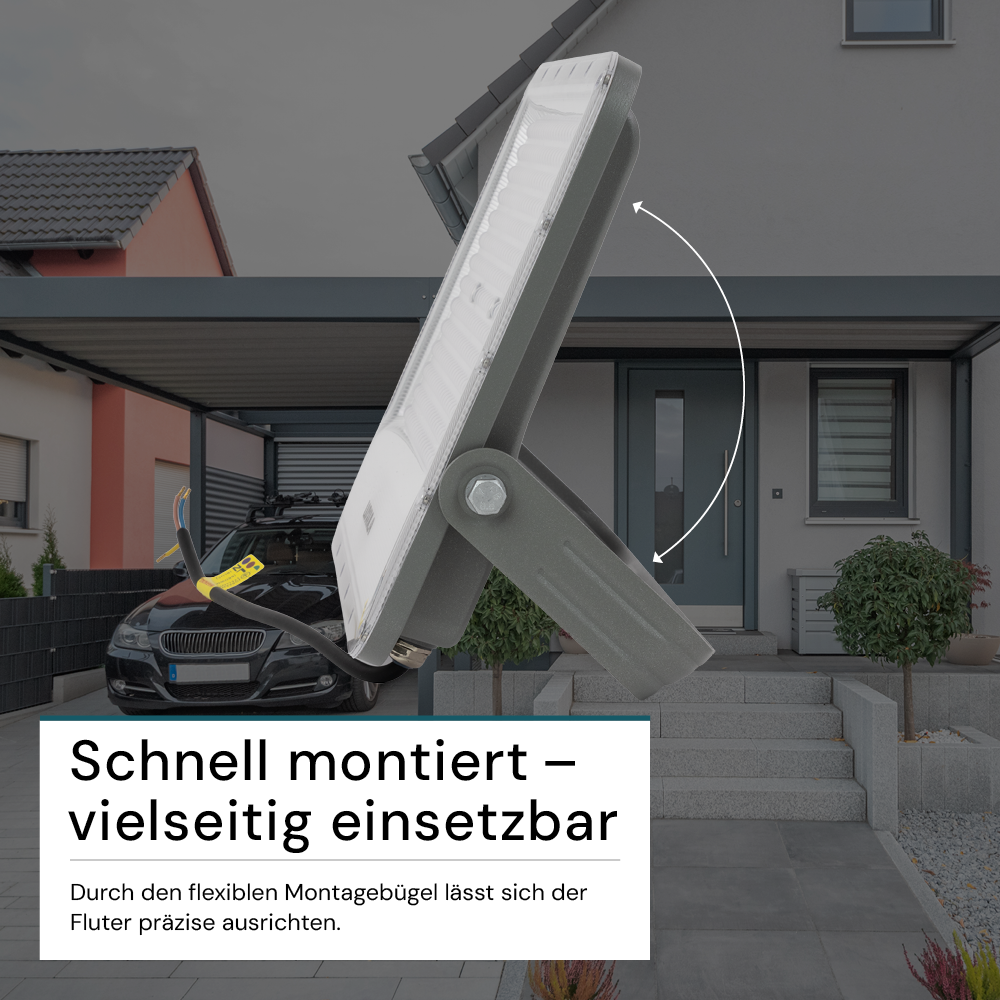 LED-Fluter, 200 W, 4000 K (neutralweiß), 26000 lm, grau, IP65.