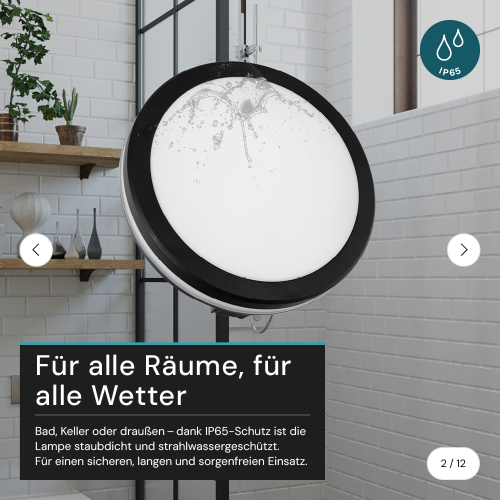 Moderne LED-Deckenlampe, schwarz/weiß, rund, 20 W, 2000 lm, Lichtfarbe einstellbar, Ø20 cm, IP65-wassergeschützt, Schnellverbinder, Innen- und Außenlampe