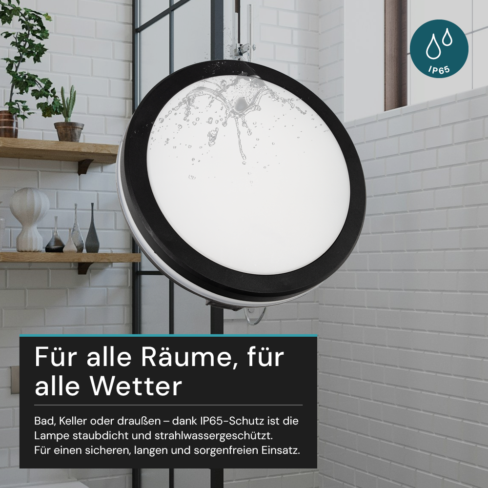 Moderne LED-Deckenlampe, schwarz/weiß, rund, 30 W, 3000 lm, Lichtfarbe einstellbar, Ø30 cm, IP65-wassergeschützt, Schnellverbinder, Innen- und Außenlampe