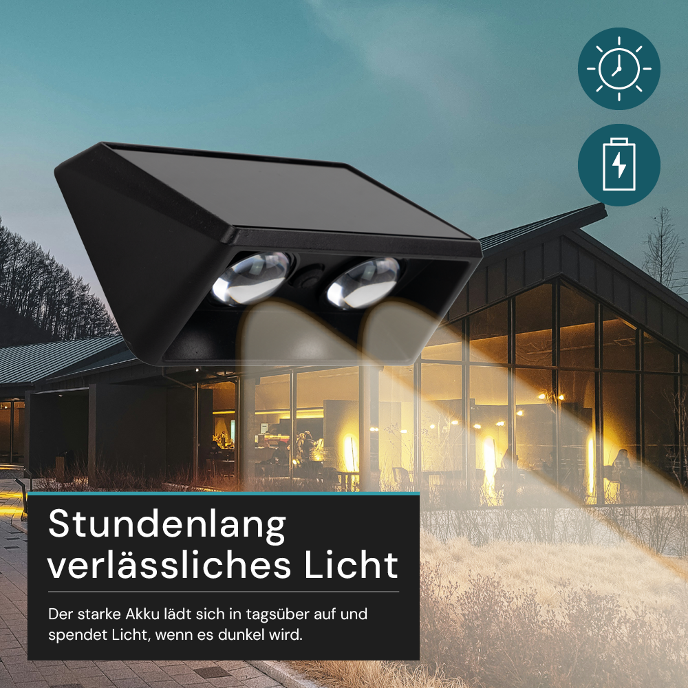 Solar LED Wandleuchte Außen, 2-flammig, 3 Lichtfarben einstellbar (CCT), IP54-wasserdicht, mit Akku, lange Leuchtdauer, Gartenleuchte