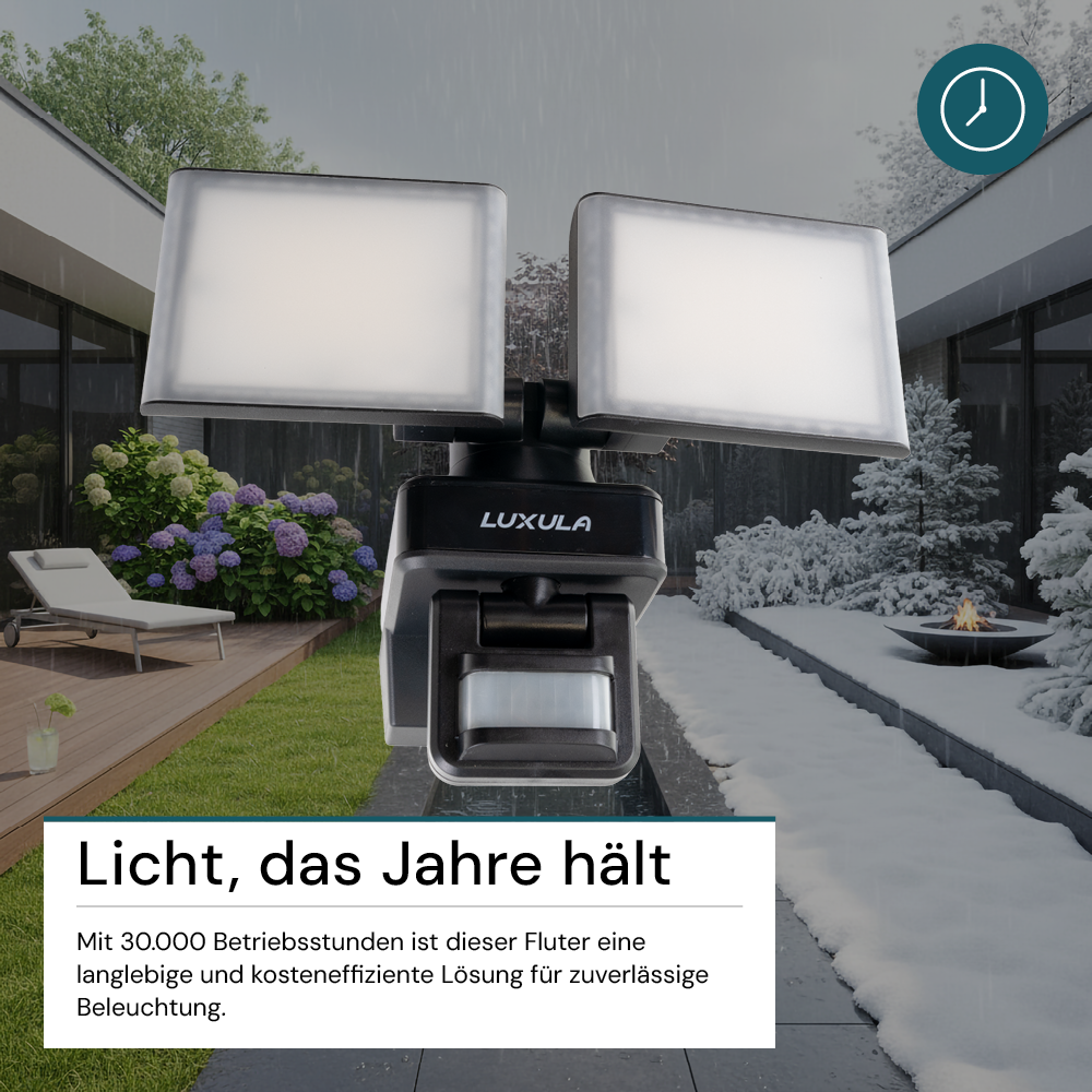 Schwenkbarer LED Fluter mit Bewegungsmelder, 2-köpfig, 2x 15 W, 3200 lm, 4000 K (neutralweiß), IP54, flexibler Strahler, Aluminiumguss, Wandleuchte