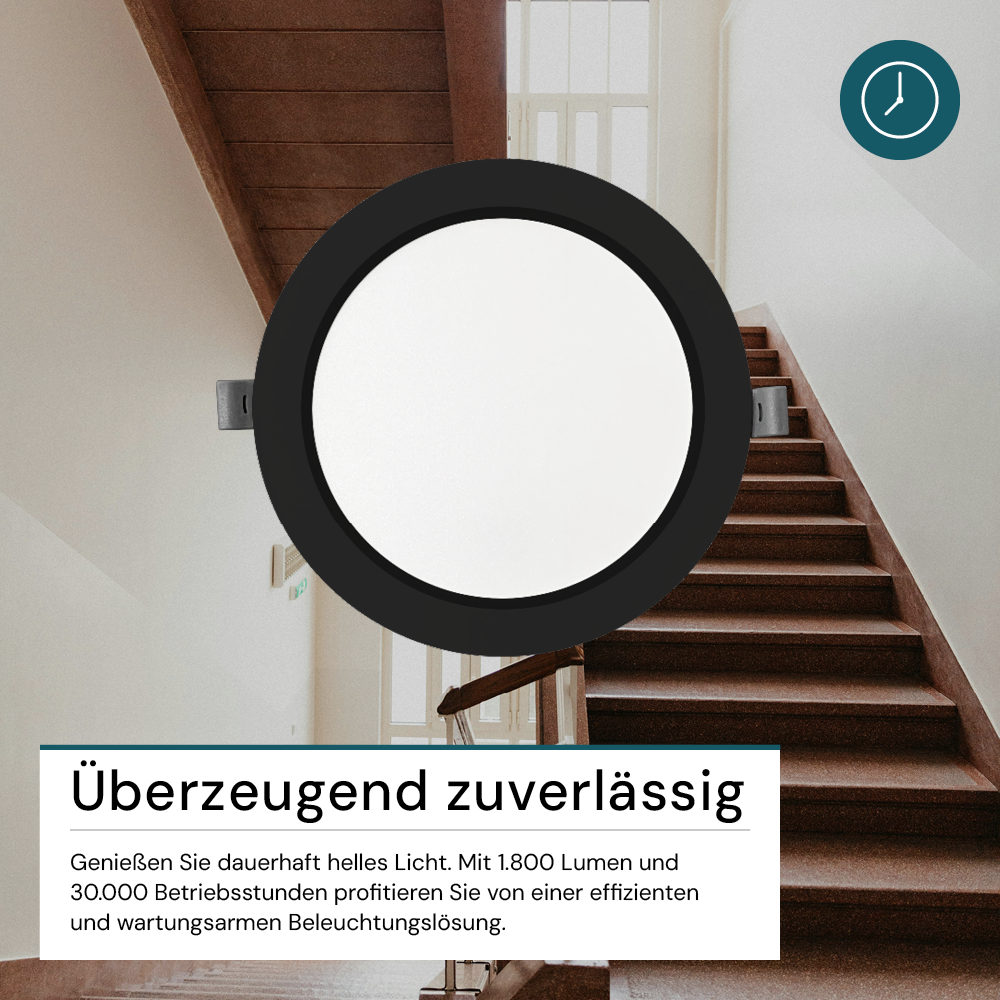 LED Einbauleuchte in Schwarz, 18 W, 230 V, IP44-geschützt, 1800 lm, Lichtfarbe einstellbar, Ø221x27 mm, Einbaustrahler mit Diffusor, Badezimmer Deckenleuchte