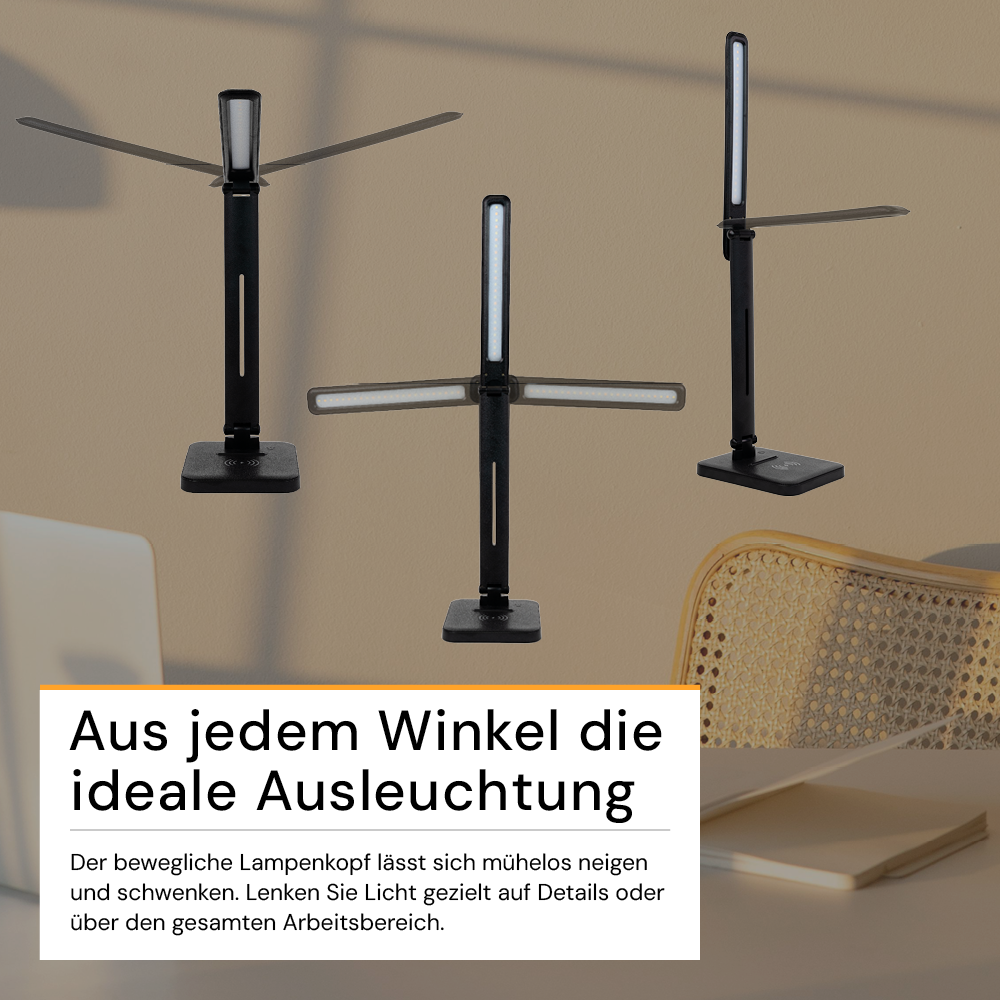 LED-Tischleuchte mit induktiver Ladestation, schwarz, inklusive Dimm- und CCT-Funktion, 5 W Leistung, 160x320 mm.