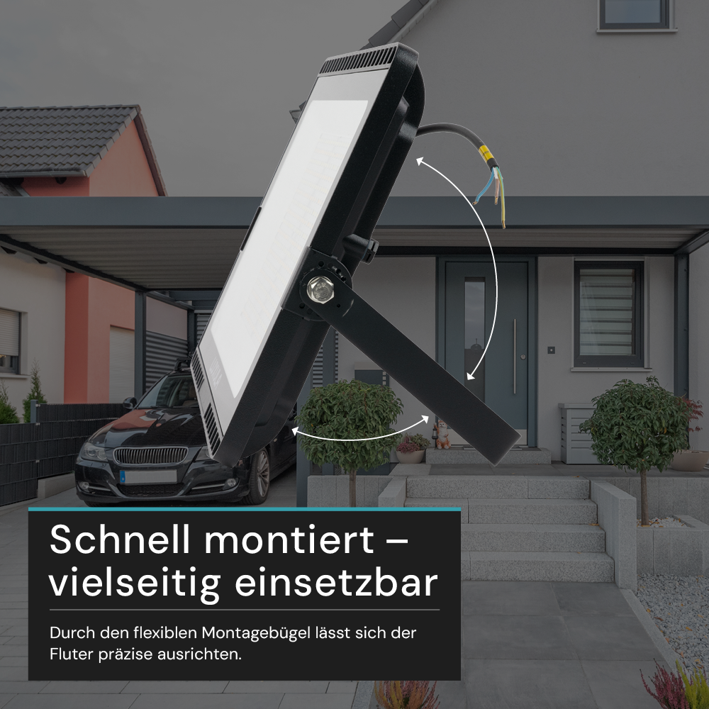 LED CCT Fluter, 200 W, 3000-6500 K (warm-, neutral-, kaltweiß), 20000 lm, schwarz, IP65.