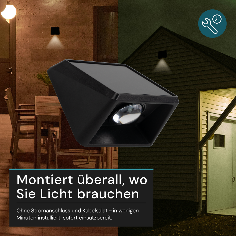 Solar LED Wandleuchte Außen, 1-flammig, 3 Lichtfarben einstellbar (CCT), IP54-wasserdicht, mit Akku, lange Leuchtdauer, Gartenleuchte