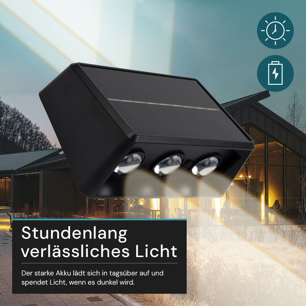 Solar LED Wandleuchte Außen, Up/Down, 3-flammig, 3 Lichtfarben einstellbar (CCT), IP54-wasserdicht, mit Akku, lange Leuchtdauer, Gartenleuchte