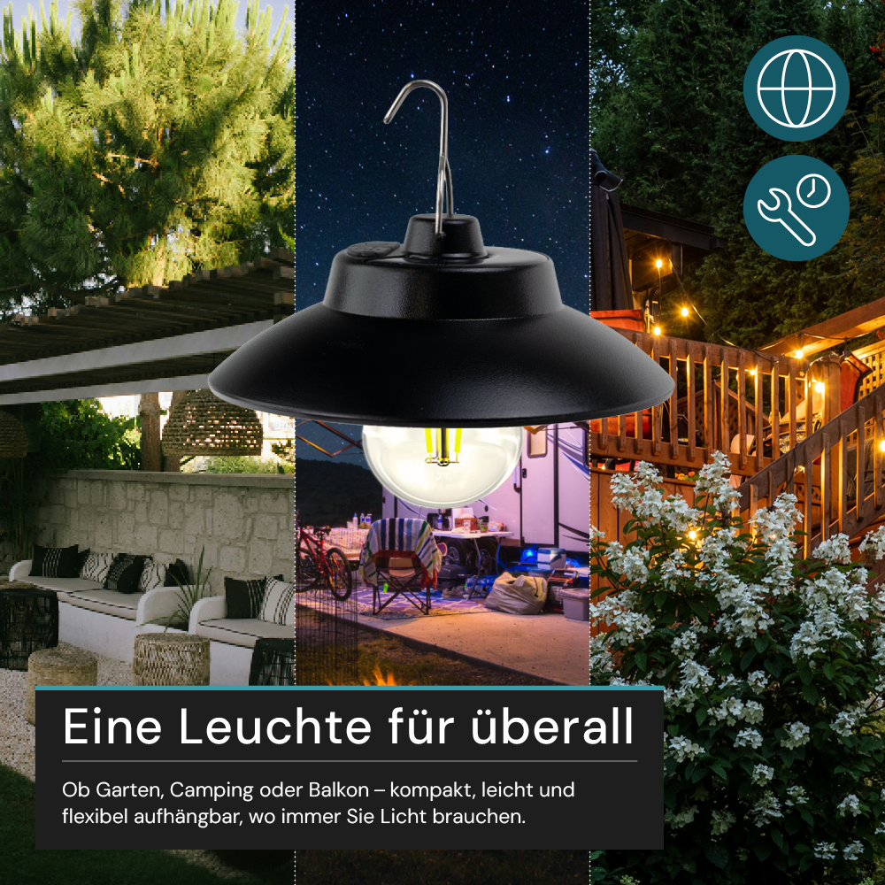 LED Hängeleuchte mit Solar & USB-C Ladung, 200 lm, 3000 K (warmweiß), Dimmbar, IP54 Wetterfest, Retro Hängelampe für Garten, Terrasse, Balkon, Campingleuchte