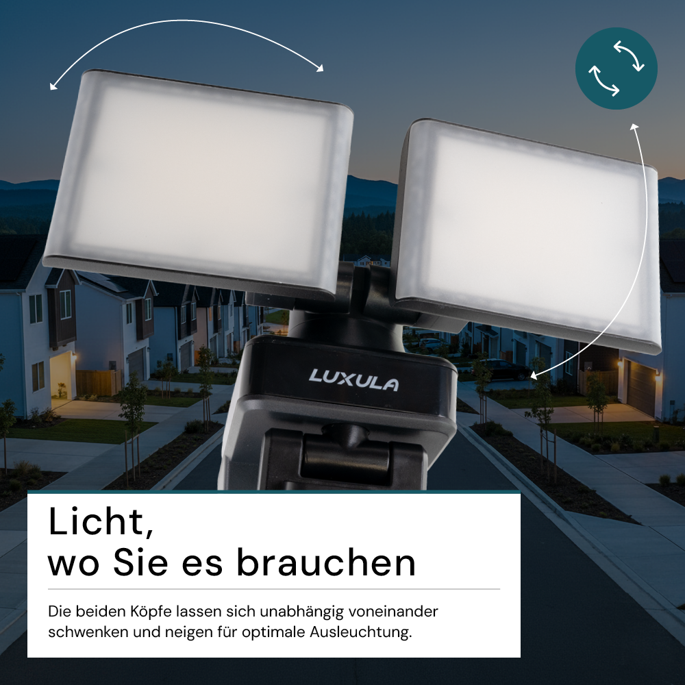 Schwenkbarer LED Fluter mit Bewegungsmelder, 2-köpfig, 2x 15 W, 3200 lm, 4000 K (neutralweiß), IP54, flexibler Strahler, Aluminiumguss, Wandleuchte