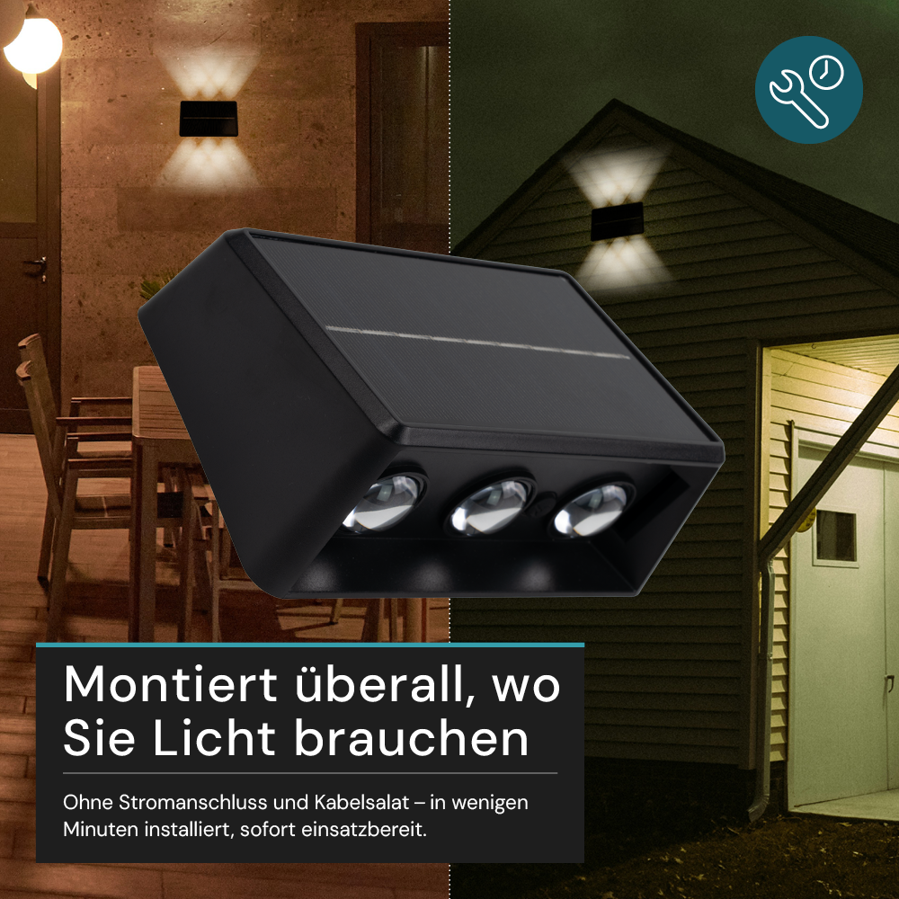 Solar LED Wandleuchte Außen, Up/Down, 3-flammig, 3 Lichtfarben einstellbar (CCT), IP54-wasserdicht, mit Akku, lange Leuchtdauer, Gartenleuchte