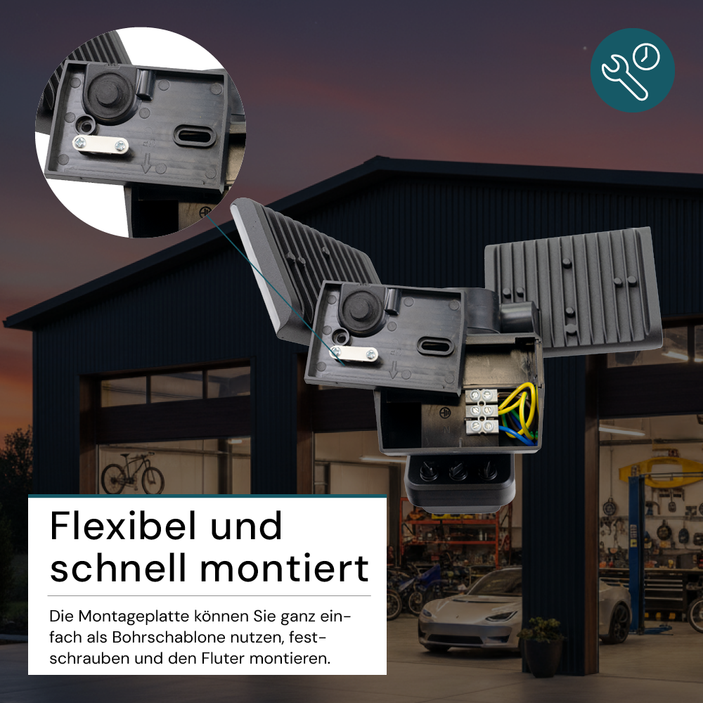 Schwenkbarer LED Fluter mit Bewegungsmelder, 2-köpfig, 2x 15 W, 3200 lm, 4000 K (neutralweiß), IP54, flexibler Strahler, Aluminiumguss, Wandleuchte