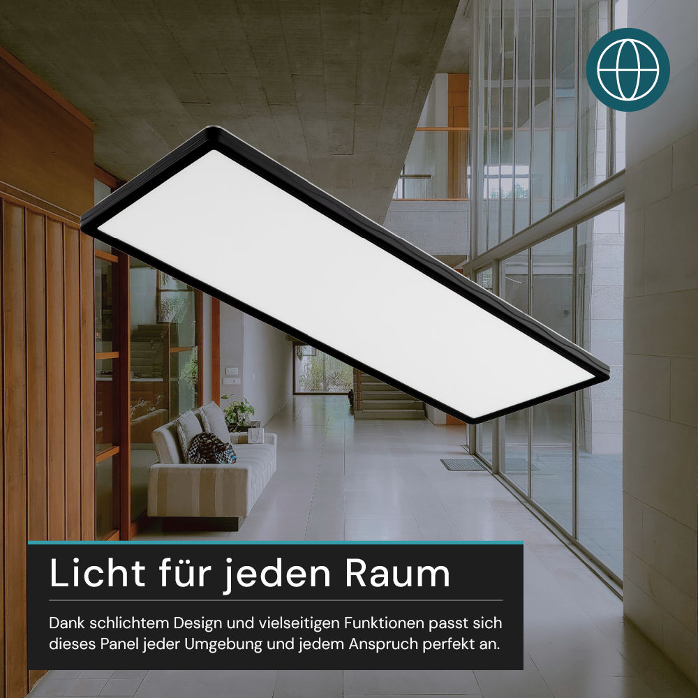 LED-Panel mit Fernbedienung, 58×20 cm, schwarz, 24 W, 2200 lm, IP44 Wassergeschützt, Helligkeit und Lichtfarbe einstellbar
