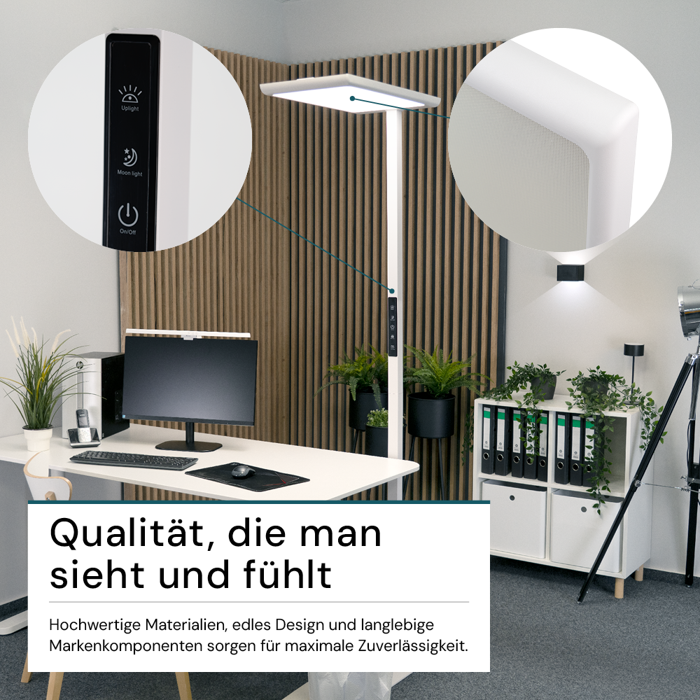 LED Büro-Stehleuchte, Up/Down, in Weiß, 100 W, 7000 lm, 4000 K (neutralweiß), UGR<16, CRI98, dimmbar, RG0, Bridgelux LED, Arbeitsplatzleuchte