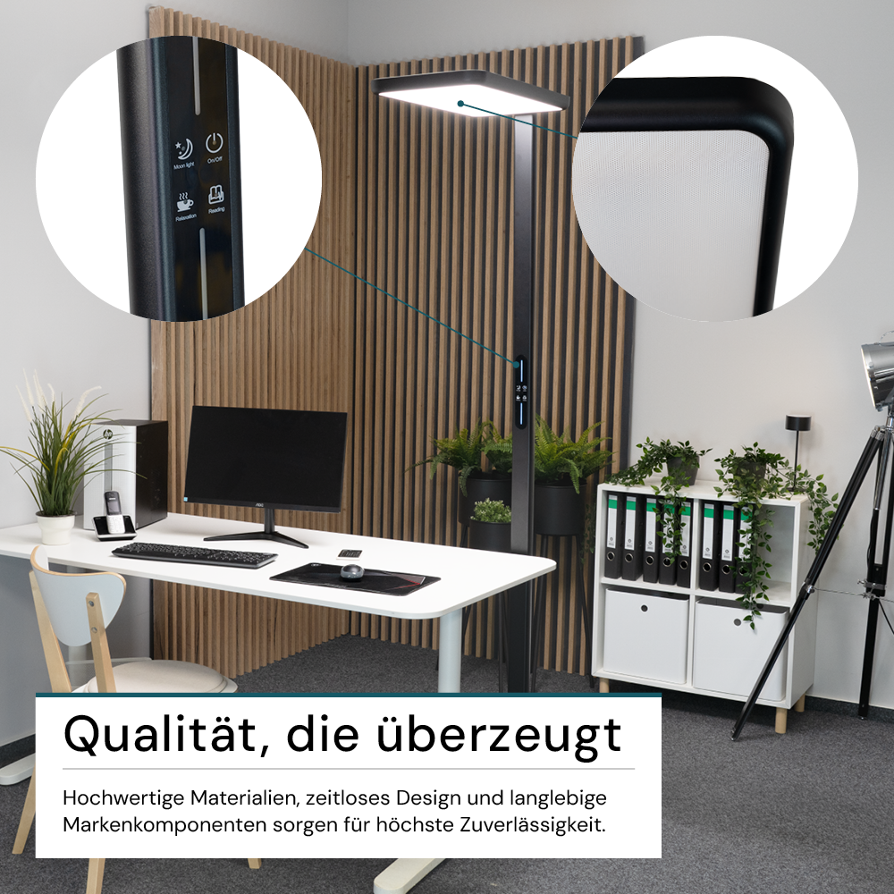 LED Büro-Stehleuchte, Up/Down, in Schwarz, 100 W, 7000 lm, 4000 K (neutralweiß), UGR<16, CRI98, dimmbar, RG0, Bridgelux LED