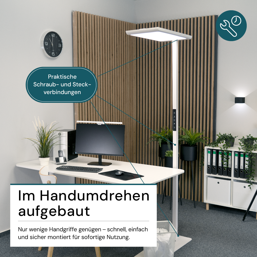 LED Büro-Stehleuchte, Up/Down, in Weiß, 100 W, 7000 lm, 4000 K (neutralweiß), UGR<16, CRI98, dimmbar, RG0, Bridgelux LED, Arbeitsplatzleuchte