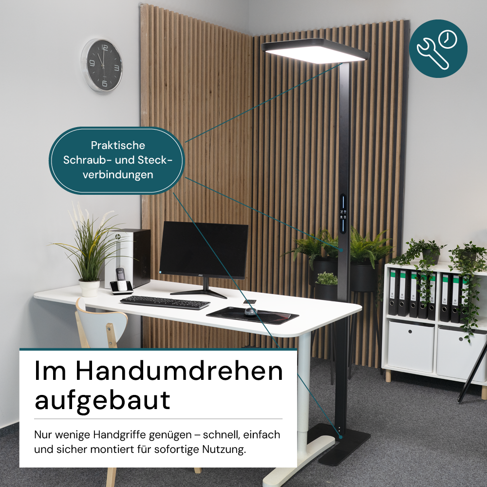 LED Büro-Stehleuchte, Up/Down, in Schwarz, 100 W, 7000 lm, 4000 K (neutralweiß), UGR<16, CRI98, dimmbar, RG0, Bridgelux LED