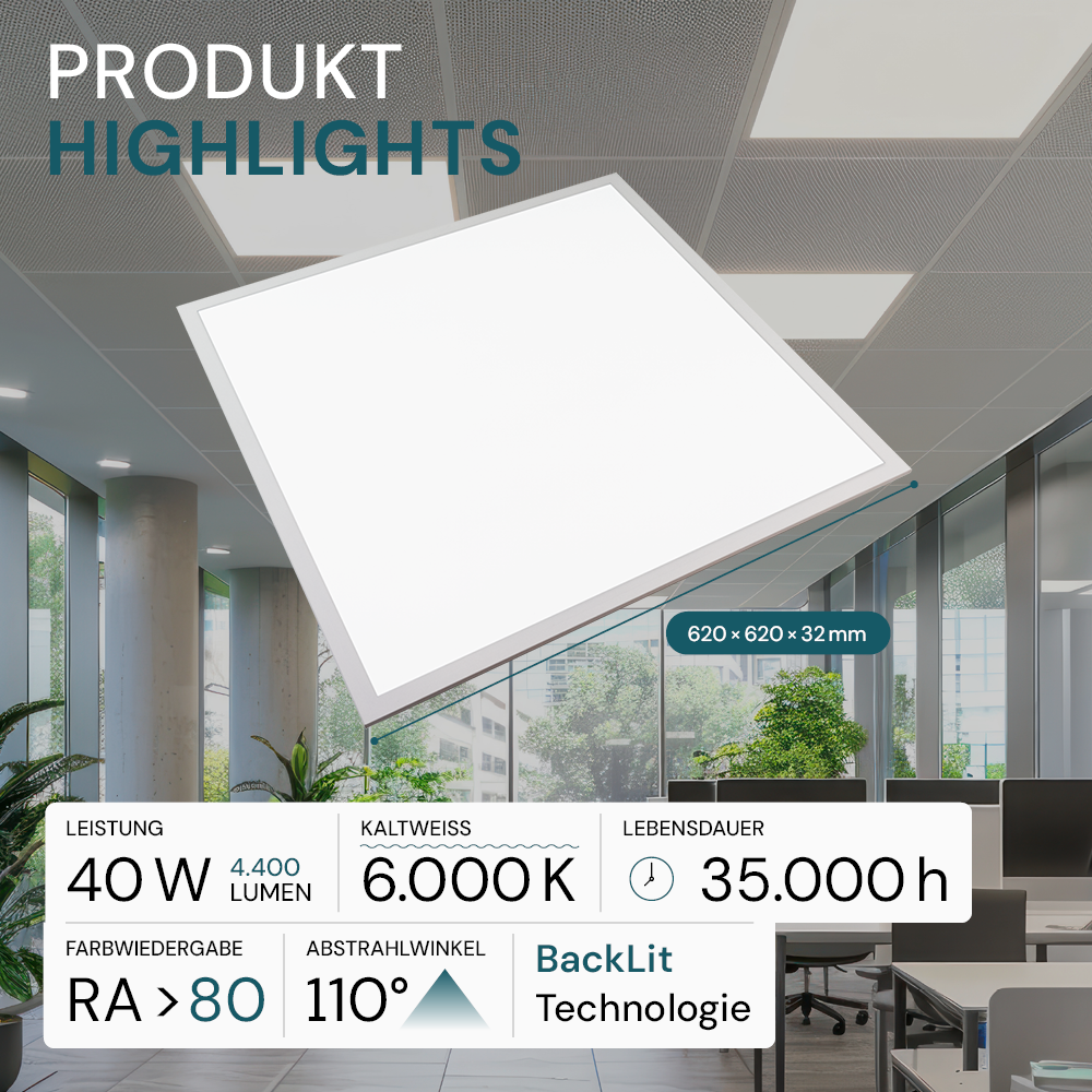 LED BackLit Panel, 62x62, 40W, 4400 lm, 6000K, 110°, IP44