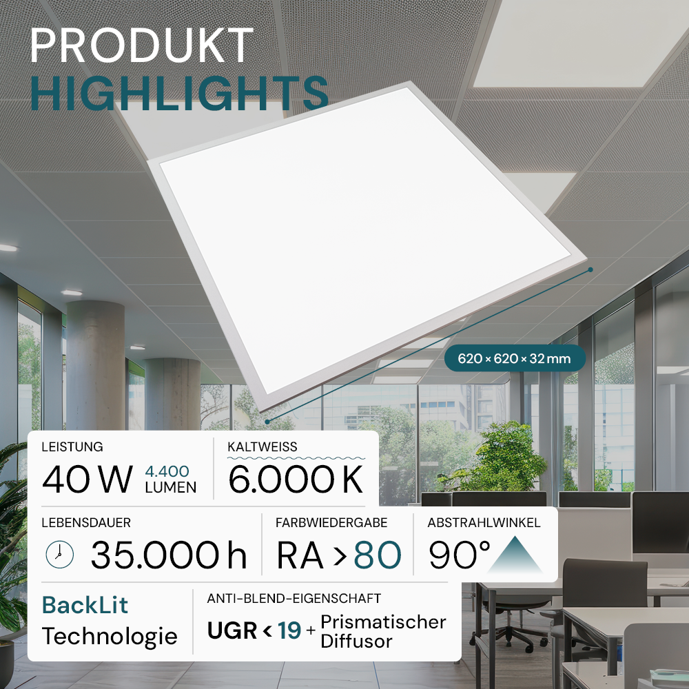 6er Pack LED Panel UGR<19, 62x62, 40W, 4400 lm, 6000K, Backlit, 90°