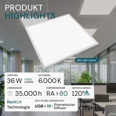6er Pack LED-Panels, 62x62 cm, UGR19, 6000 K, 36 W, 3600 lm, Kaltweiß