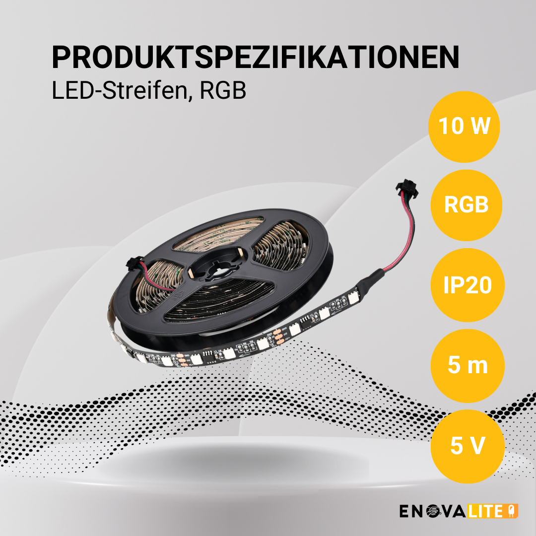 Digitaler LED-Streifen in RGB Farben, 5 Meter Länge, 60LED/m, 5 V, 10 mm, WS2812b.