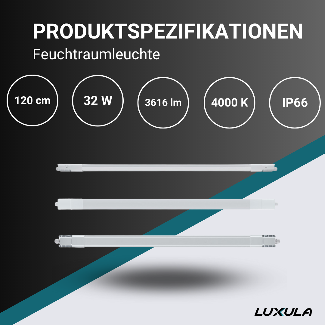 18er Pack LED Feuchtraumleuchte, 120 cm, 32 W, 3616 lm, 4000 K (neutralweiß), IP66, durchschleifbar, Fast Connector.