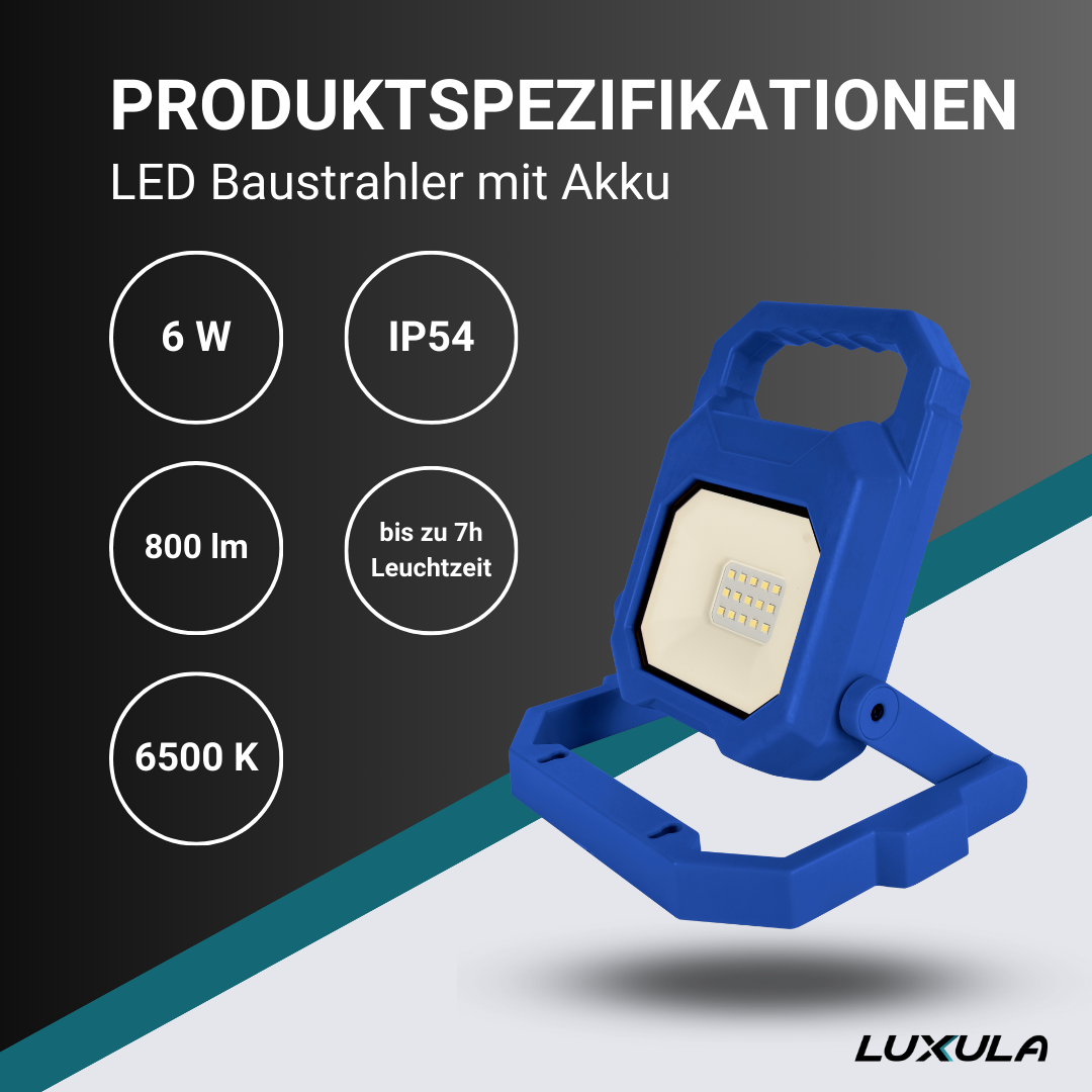 2er Set LED Baustrahler mit Akku, faltbar, 6 W, 800 lm, 4000 K (neutralweiß), IP54, 7 Stunden Lichtzeit, USB In- und Output, flexible Arbeitsleuchte.
