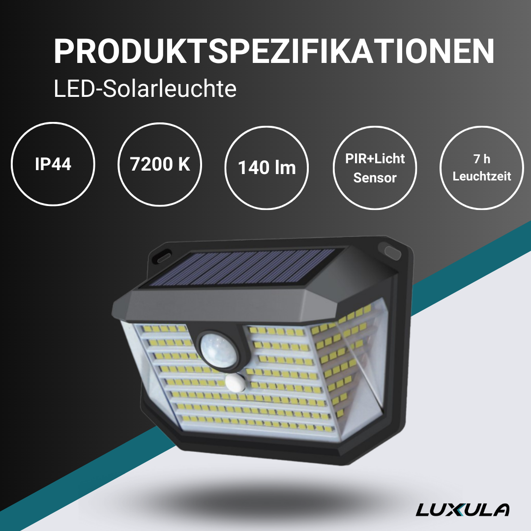 Solar-Wandleuchte mit PIR-Lichtsensor, 7 Stunden Leuchtdauer, mit 3 Lichtmodi, IP44-geschützt und in kaltweiß.