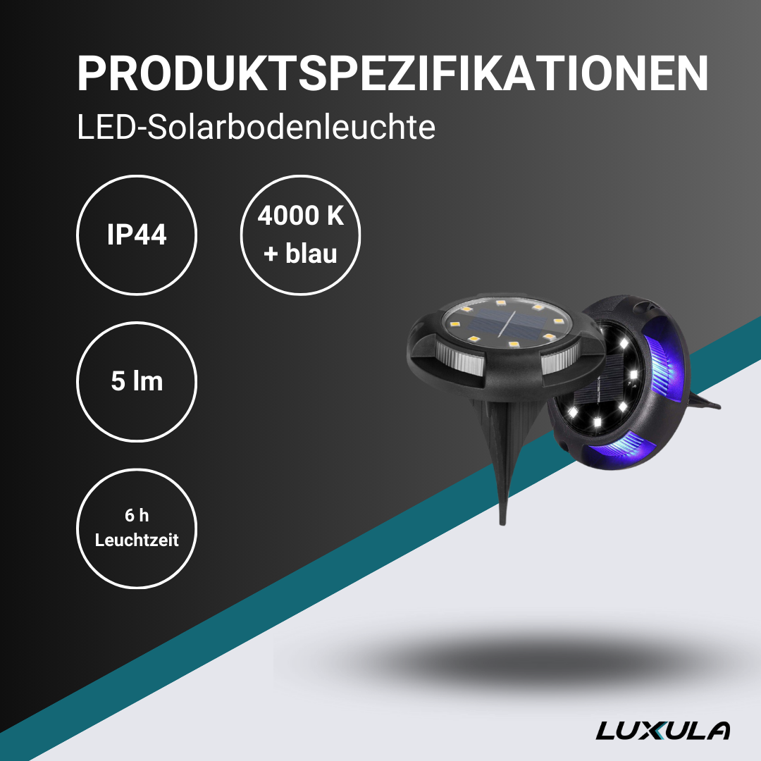 6er-Pack Solar Bodenleuchte, 10 Stunden Leuchtdauer, 4000 K (neutralweiß) und blau, IP44-Wasserdicht, Gartenleuchte.