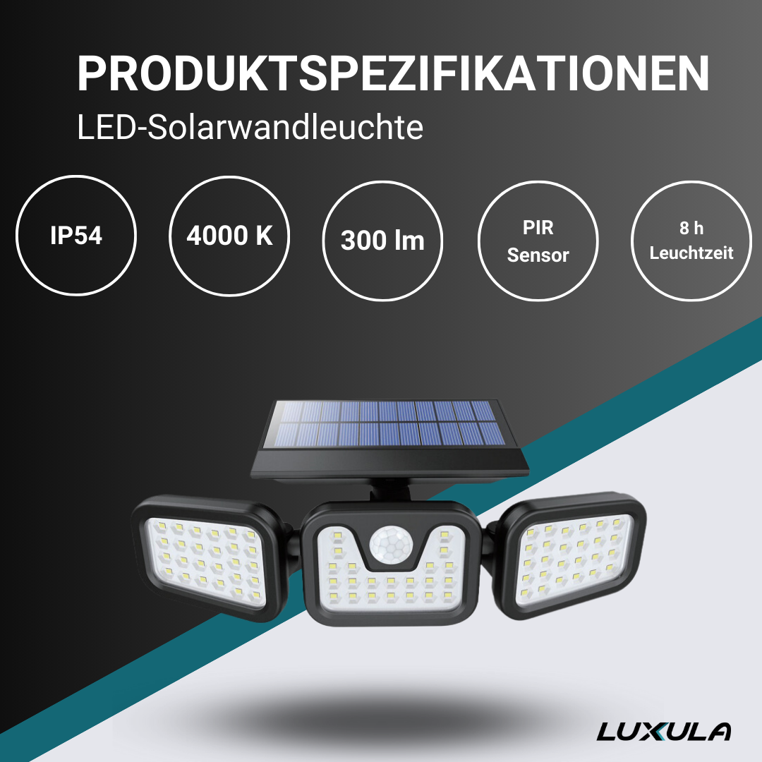 Solar Wandleuchte mit PIR-Sensor, 8 Stunden Leuchtdauer, 4000 K (neutralweiß), IP54-Wasserdicht, flexible Außenleuchte.
