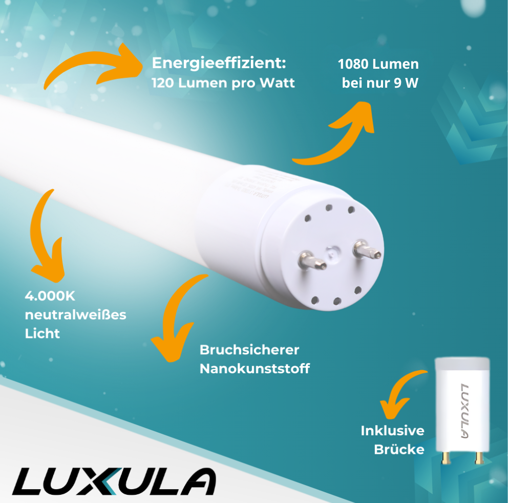 LED T8 Röhre, 60 cm, 120 lm/W, 9 W, 1080 lm, 4000 K (neutralweiß), mit Brücke.