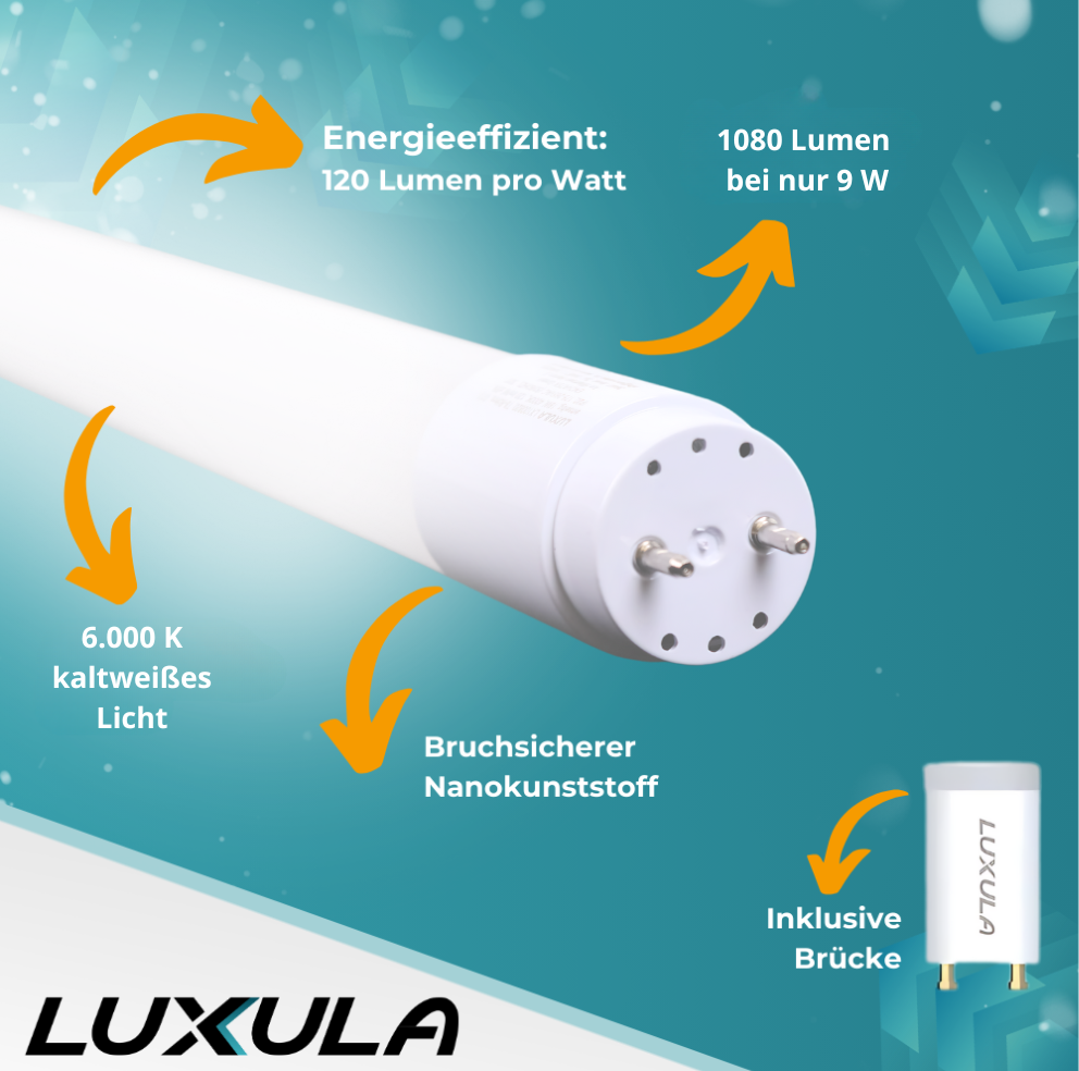 25er Pack LED T8 Röhre, 60 cm, 120 lm/W, 9 W, 1080 lm, 6000 K (kaltweiß), mit Brücke.