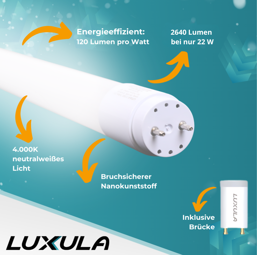 LED T8 Röhre, 150 cm, 120 lm/W, 22 W, 2640 lm, 4000 K (neutralweiß), mit Brücke.