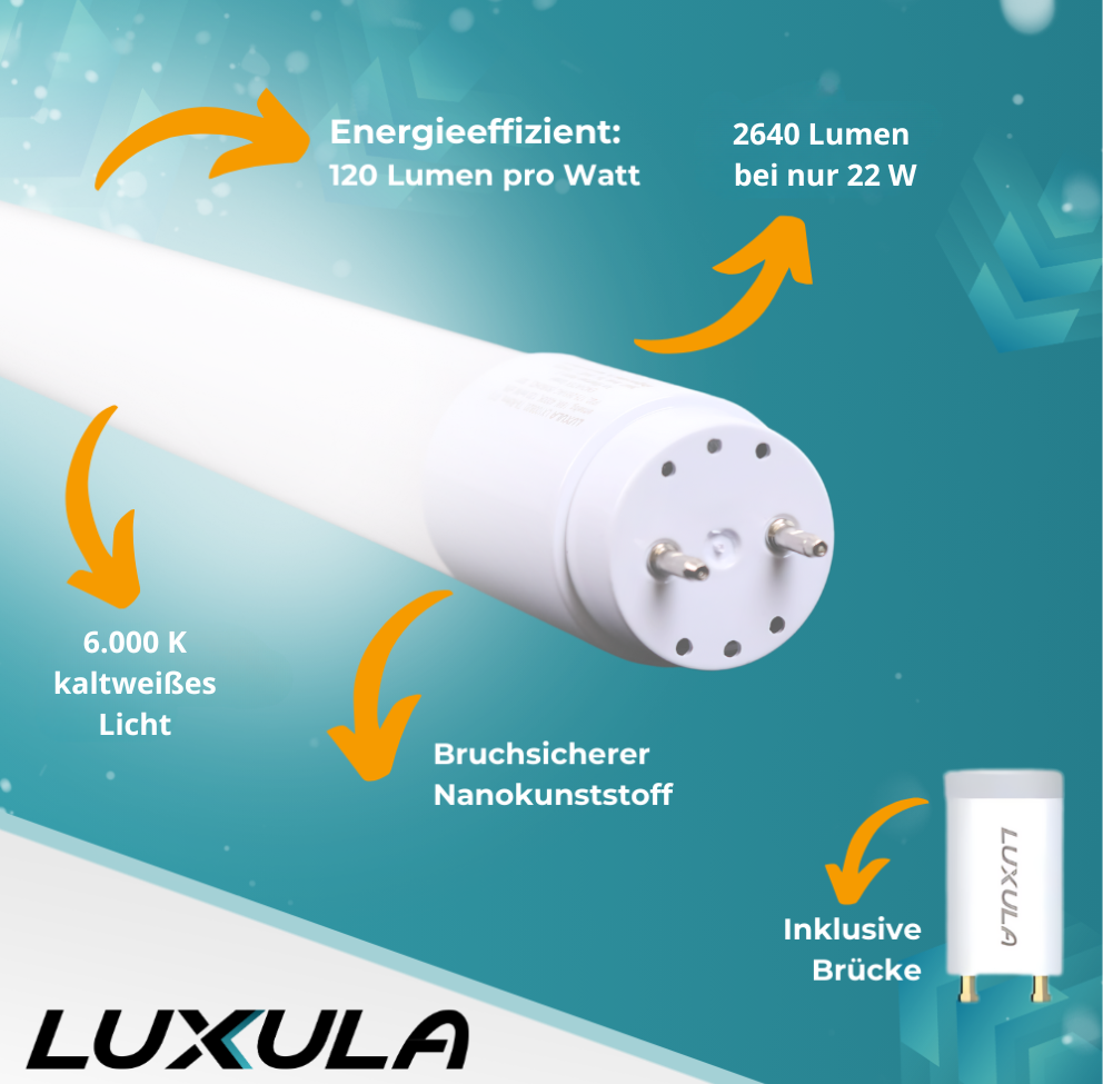 LED T8 Röhre, 150 cm, 120 lm/W, 22 W, 2640 lm, 6000 K (kaltweiß), mit Brücke.
