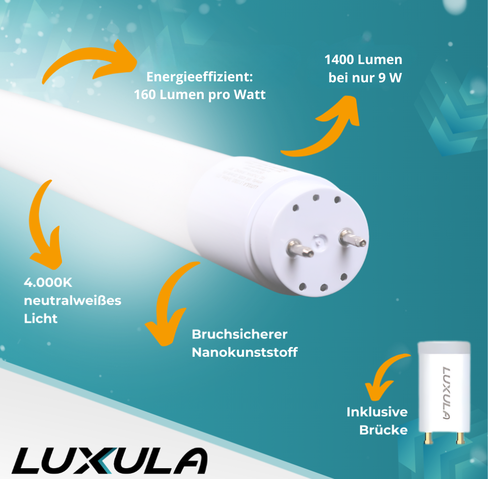 5er-Pack LED T8 Röhre, 60 cm, 160 lm/W, 9 W, 1400 lm, 4000 K (neutralweiß), mit Brücke, hohe Energieeffizienz.