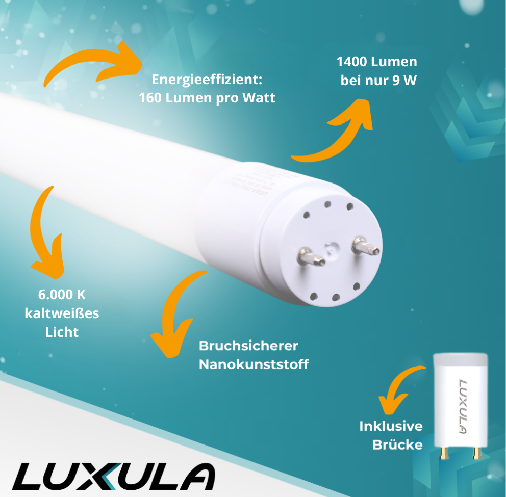 2er-Pack LED T8 Röhre, 60 cm, 160 lm/W, 9 W, 1400 lm, 6000 K (kaltweiß), mit Brücke, hohe Energieeffizienz.