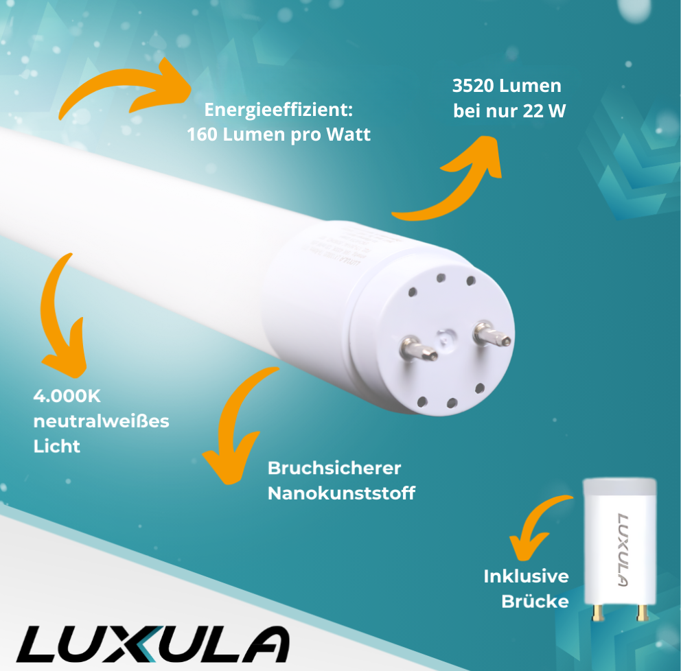 LED T8 Röhre, 150 cm, 160 lm/W, 22 W, 3520 lm, 6000 K (kaltweiß), mit Brücke, hohe Energieeffizienz.