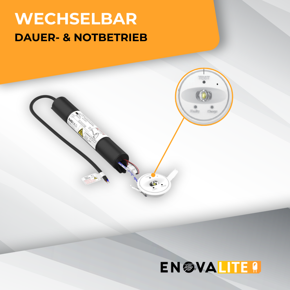 LED-Notstrom Downlight, Fluchtwegleuchte mit Notstromeinheit, Einbauspot, TEST-Funktion.