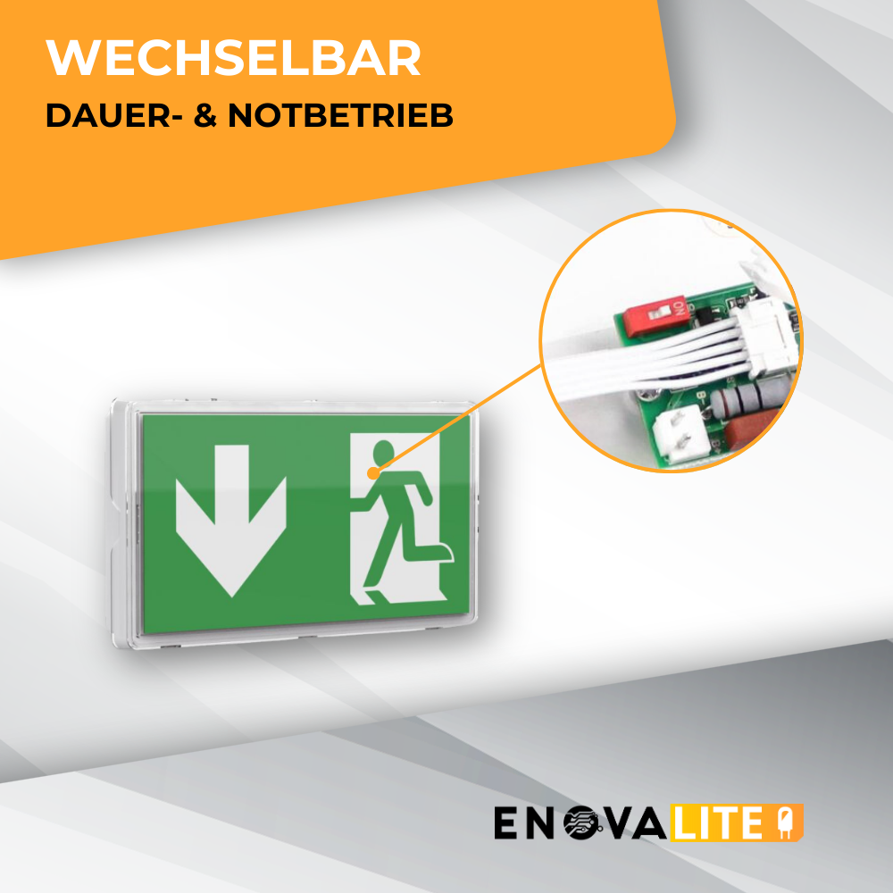LED-Fluchtwegleuchte mit Fernbedienung, Notausgang mit Notstromeinheit, TEST-Funktion, Wandmontage, Ein- und Aufbau, IP65.