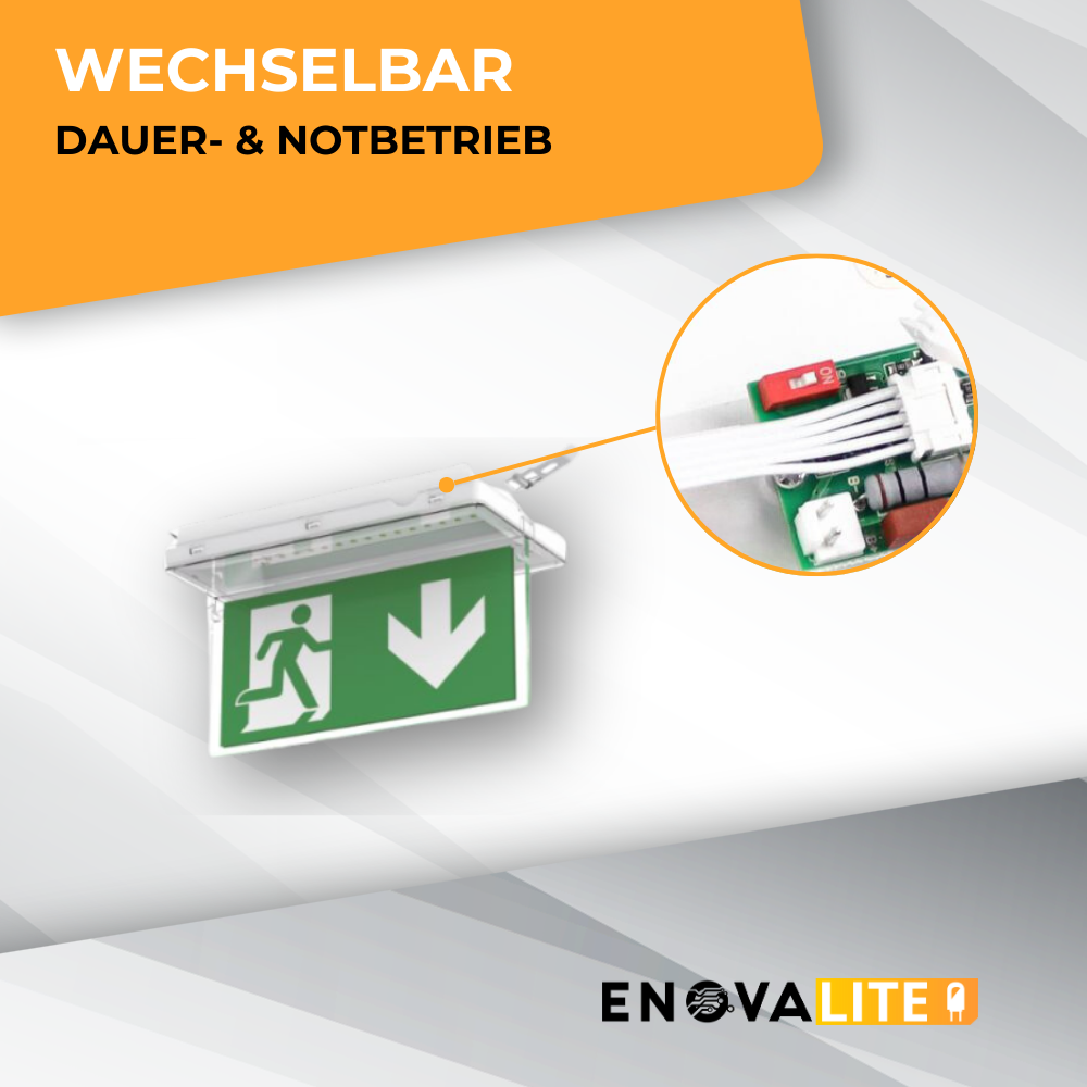 LED-Fluchtwegleuchte mit Fernbedinung, Notausgang mit Notstromeinheit, TEST-Funktion, Wand- und Deckenmontage, Ein- und Aufbau, IP65.