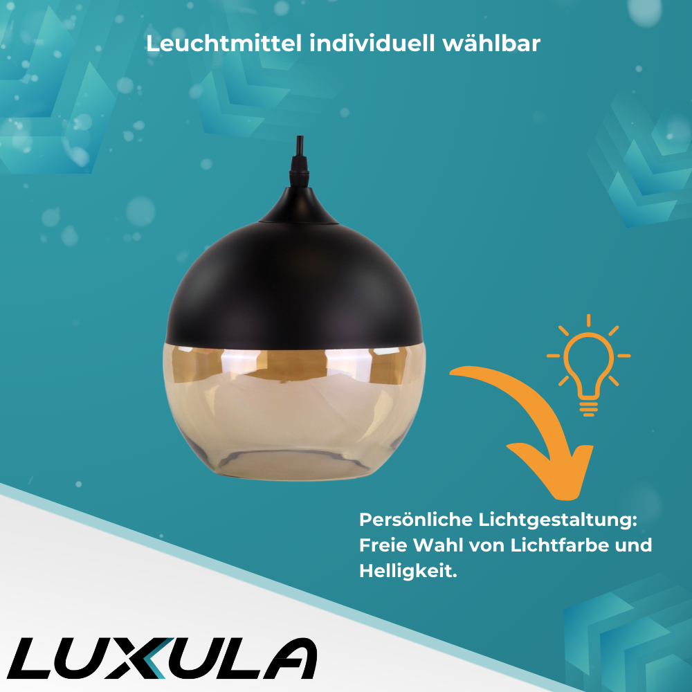 Elegante Pendelleuchte in schwarz, kugelförmig, aus Glas, E27-Fassung, IP20, Ø20 cm.