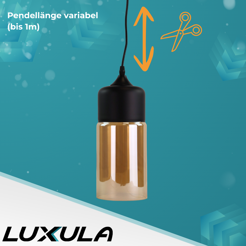 Elegante Pendelleuchte in schwarz, zylinderförmig, aus Glas, E27-Fassung, IP20, Ø13 cm.