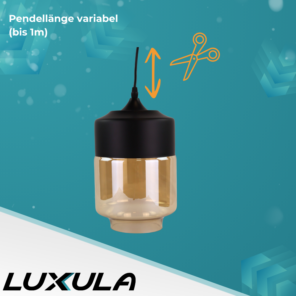 Elegante Pendelleuchte in schwarz, rundlich, aus Glas, E27-Fassung, IP20, Ø18 cm.