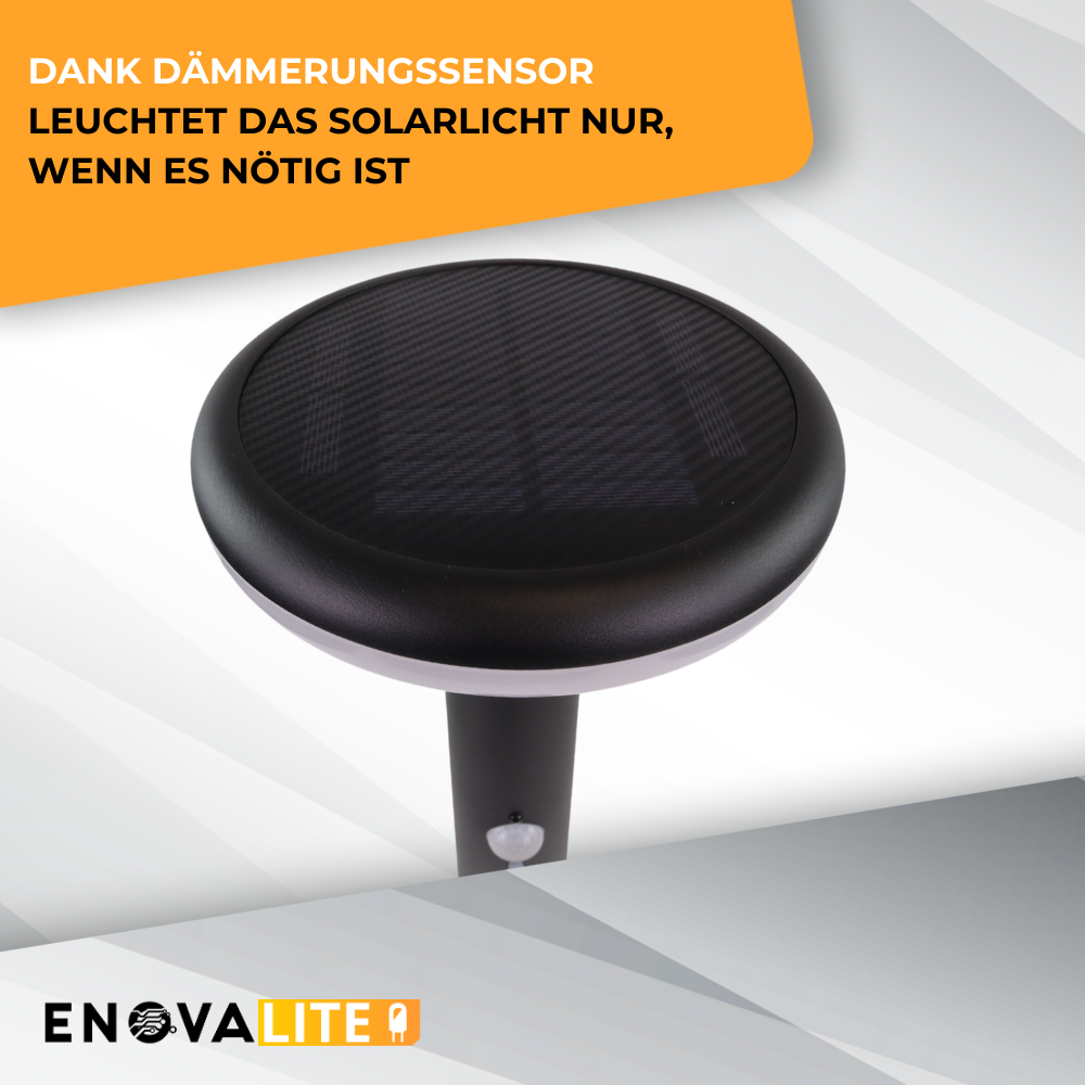 Solar Wegeleuchte mit PIR Sensor, rund, 3000 K (warmweiß), 12 Stunden Leuchtzeit, 3 Lichtmodi, IP54-Wasserdicht, aus Aluminium.